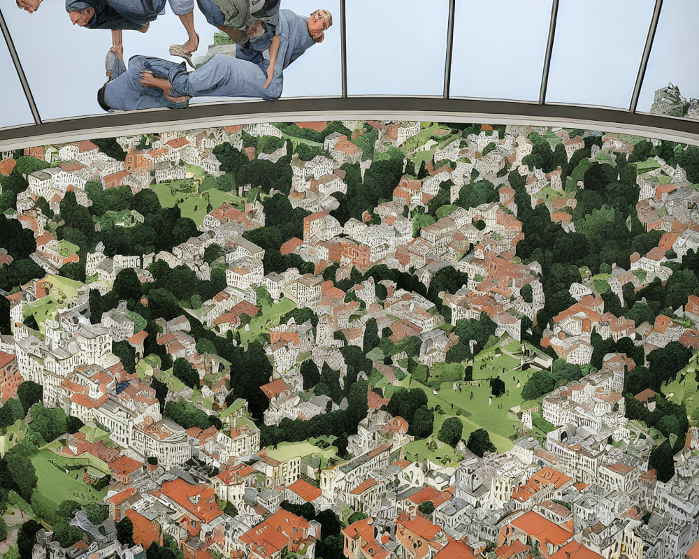 People on Glass Floor Above Realistic Aerial City Painting