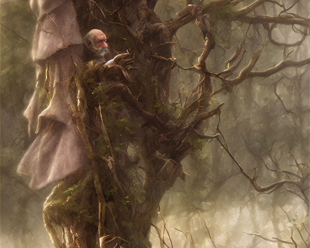 Ethereal illustration of three wizard-like figures in misty, golden light