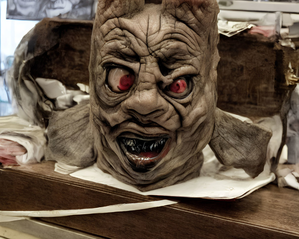 Detailed Demonic Creature Mask with Red Eyes, Teeth, and Horns on Artist's Table