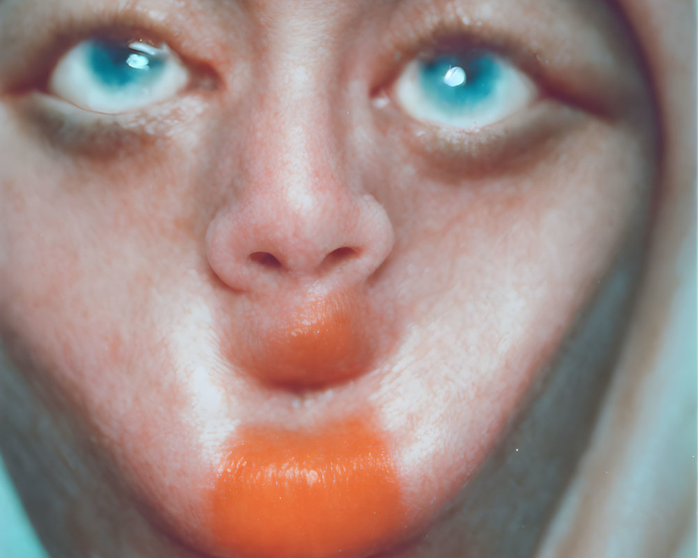 Person with skin-toned mask accentuating blue eyes and orange lips.