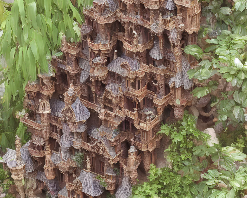 Intricate multi-storied wooden pagoda in lush green foliage