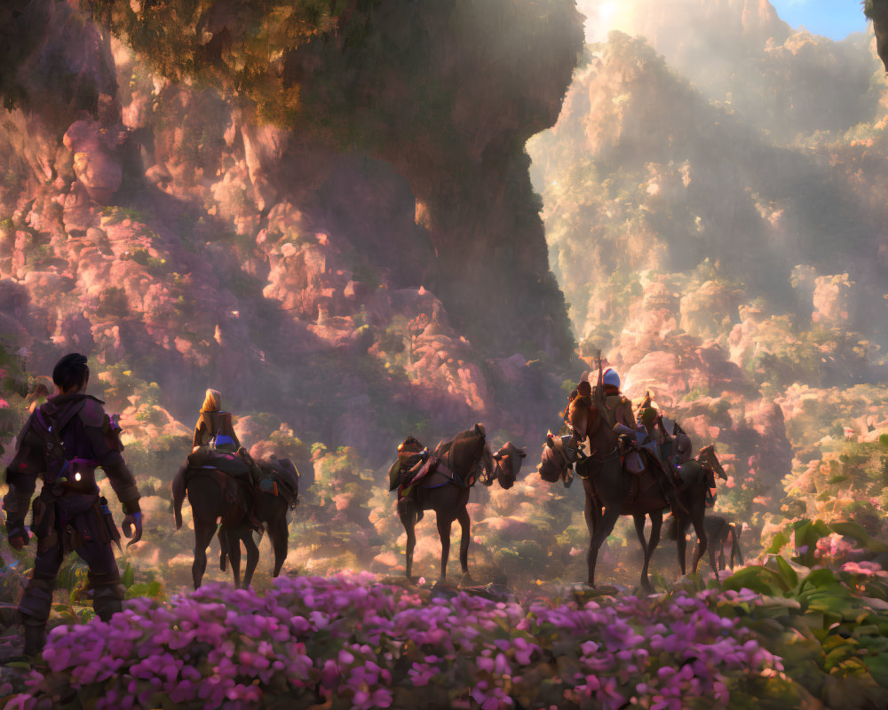 Colorful animated characters riding horses in vibrant valley landscape