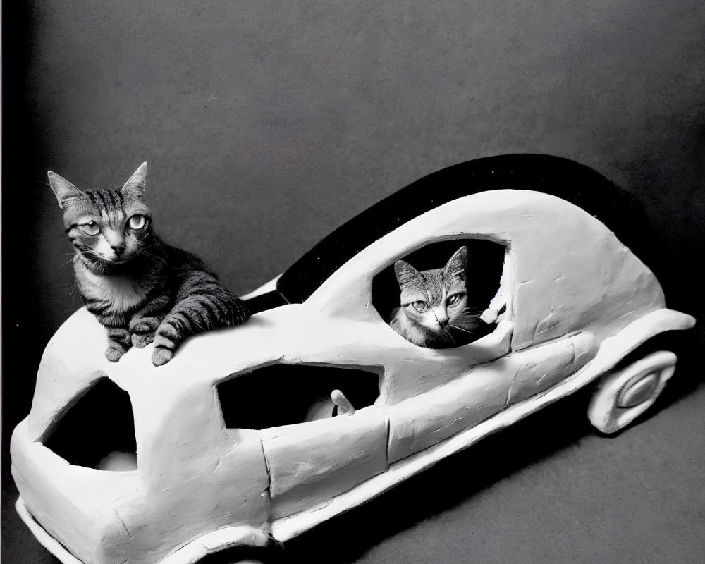 Two Cats Sitting Inside and on Top of White Toy Car on Dark Background