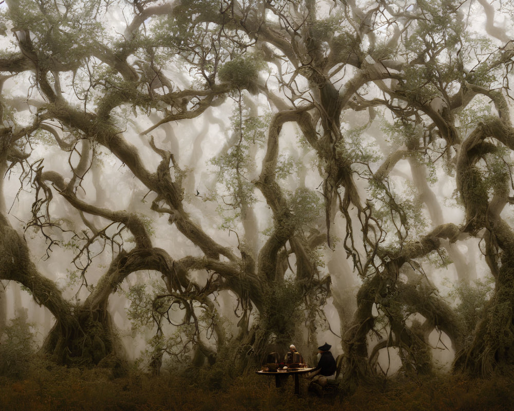 Mystical artwork: Two people at table under twisted, misty trees