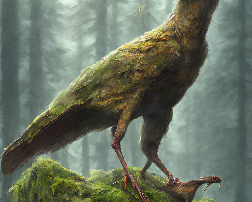 Large bird-like creature with sharp talons perched on mossy rock in foggy forest