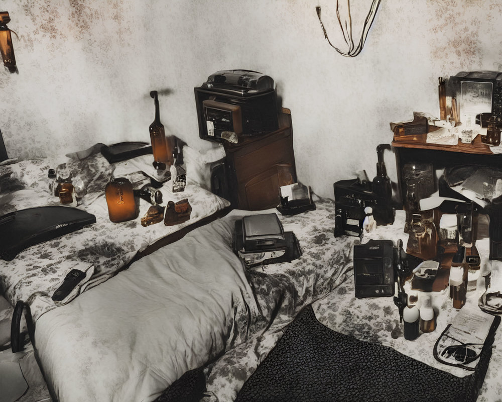 Cluttered room with disheveled bed and vintage items