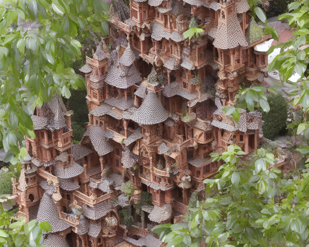 Miniature wooden pagoda structure with balconies and lush green foliage