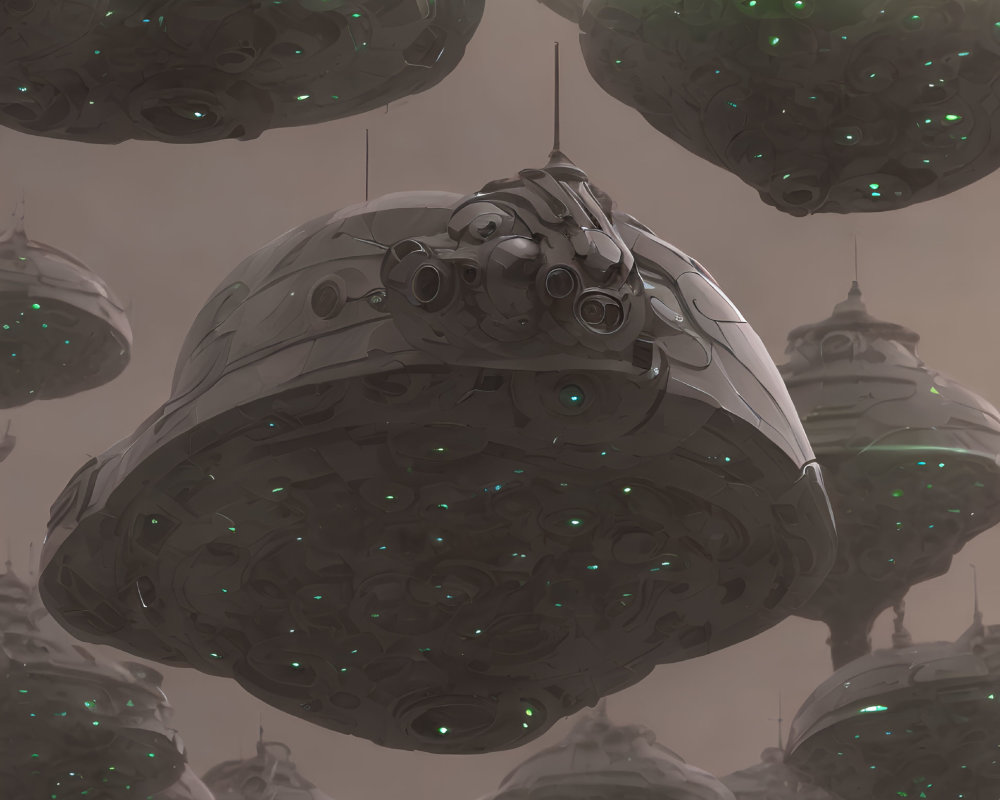 Futuristic spaceships with green underlights hover over cityscape