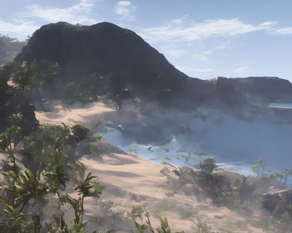 Tranquil beach scene with lush greenery, clear sky, and towering mountain