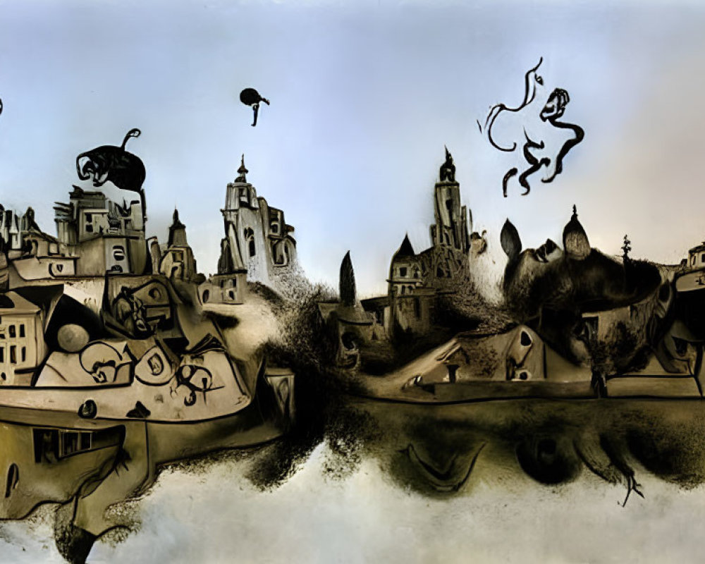 Surrealist black and white cityscape with floating silhouettes and colorful flame-licked figure