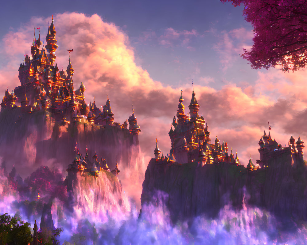 Fantasy castle on cliff with waterfalls, pink clouds, warm glow