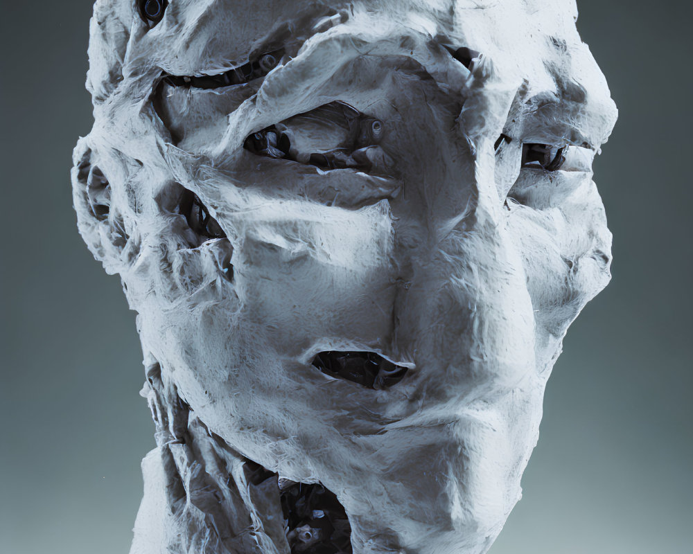 Distorted human face sculpture with multiple eyes and mouths