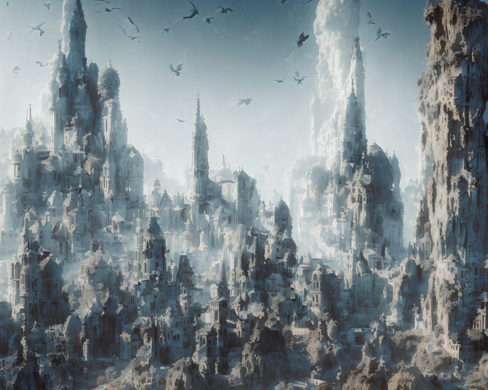 Fantasy city with towering spires and misty atmosphere