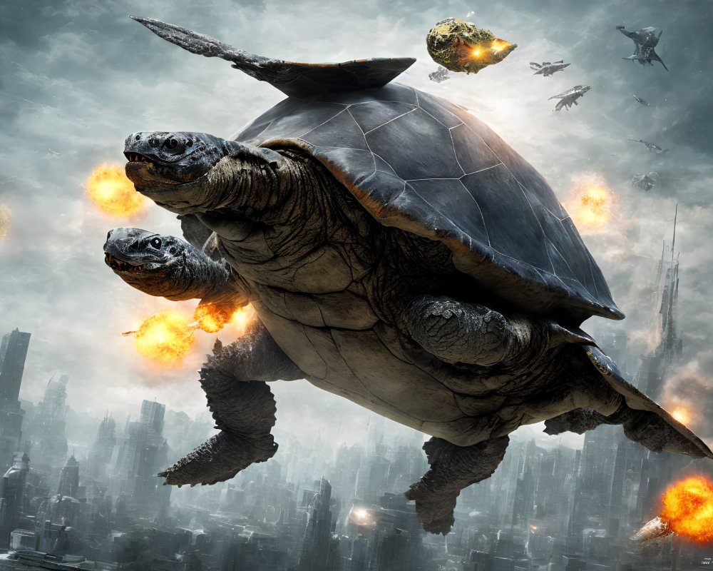 Gigantic flaming turtles soar over apocalyptic cityscape