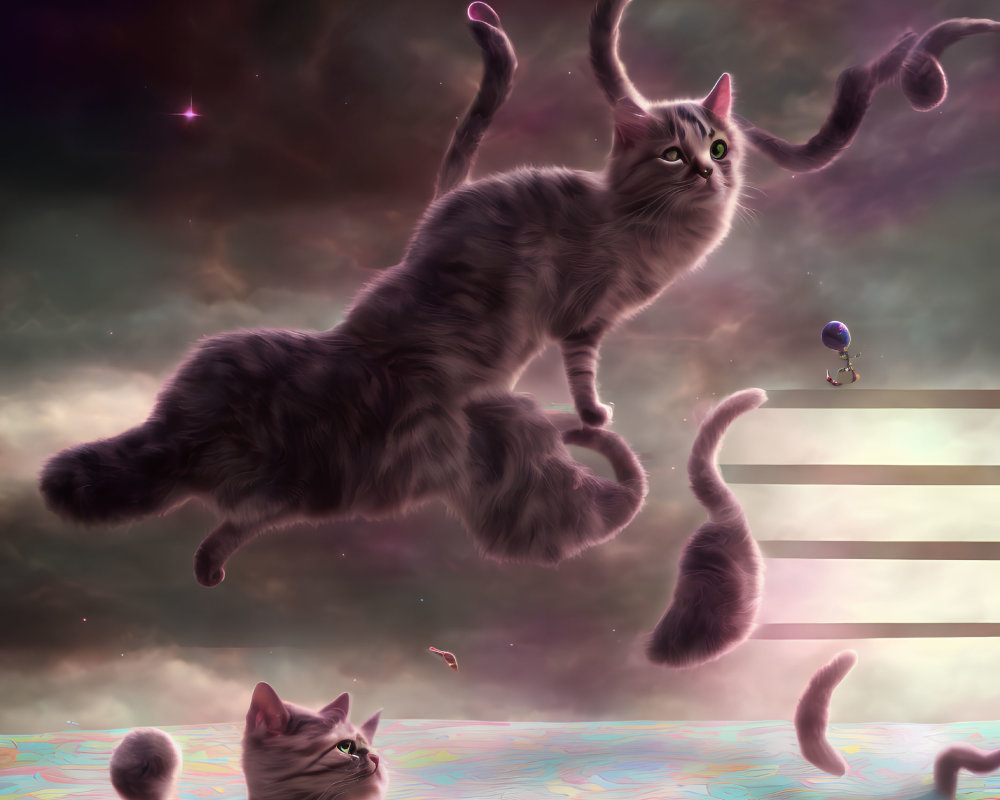 Surreal cosmic scene: cats with extended furry limbs against colorful nebulae and striped planet