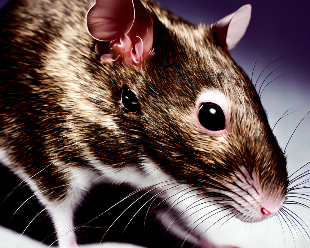 Brown and White Rat with Large Ears on Purple Background