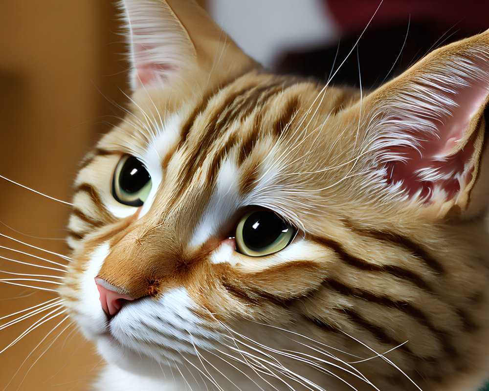 Domestic Cat with Green Eyes and Brown-Striped Fur Coat Close-Up