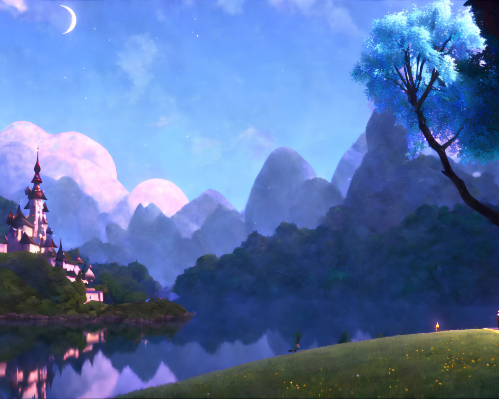 Nighttime animated castle scene by a reflective lake with mountains and starry sky