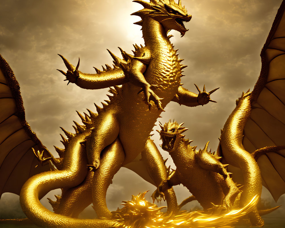 Golden Multi-Headed Dragon with Large Wings and Fiery Breath