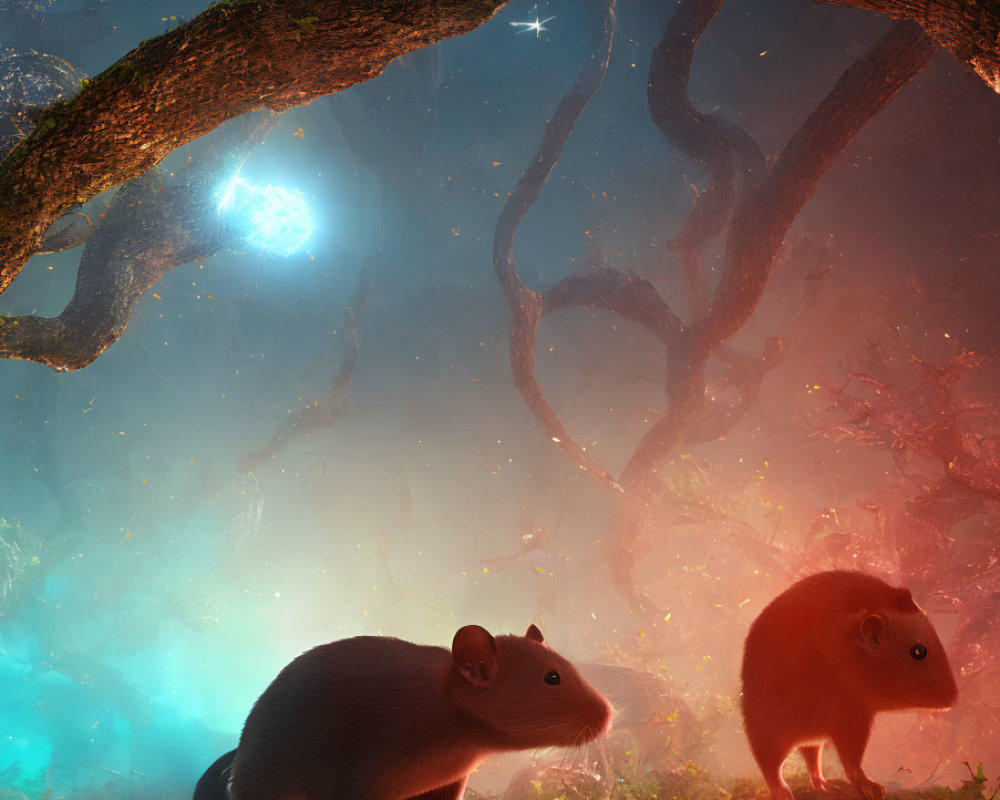 Mystical tree arch with glowing nebulous backdrops featuring two mice