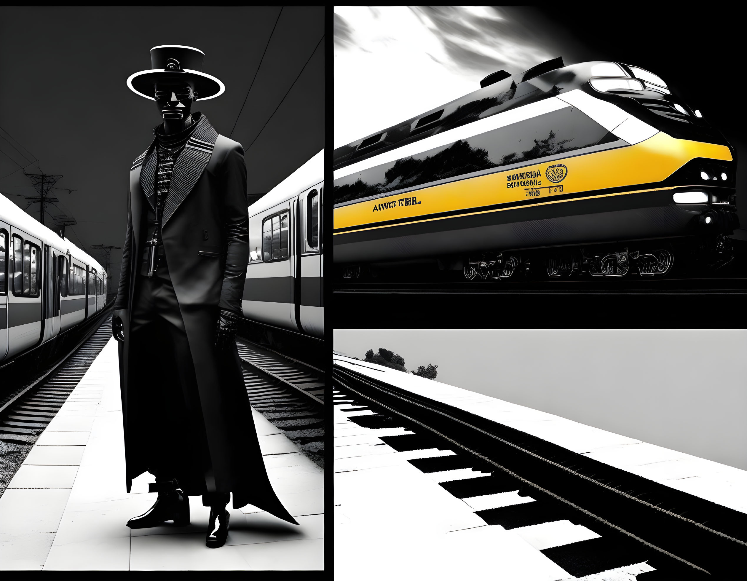 Monochrome illustration of figure at train station with yellow train