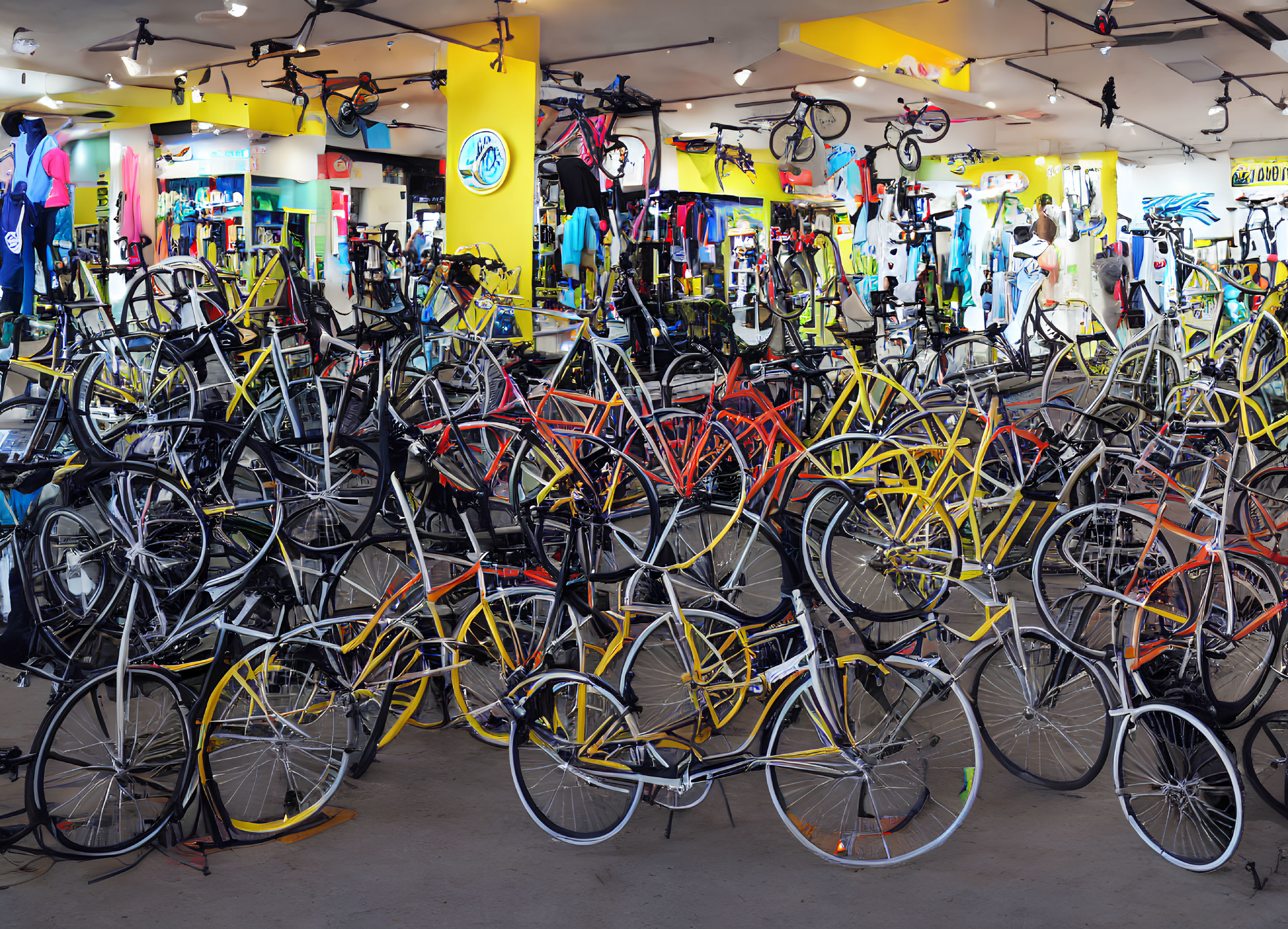 Colorful array of bikes and gear in bustling bicycle shop