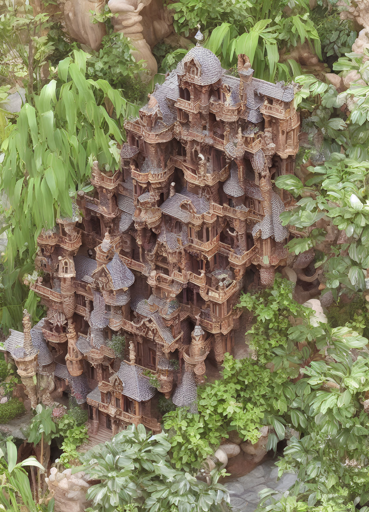 Intricate multi-storied wooden pagoda in lush green foliage