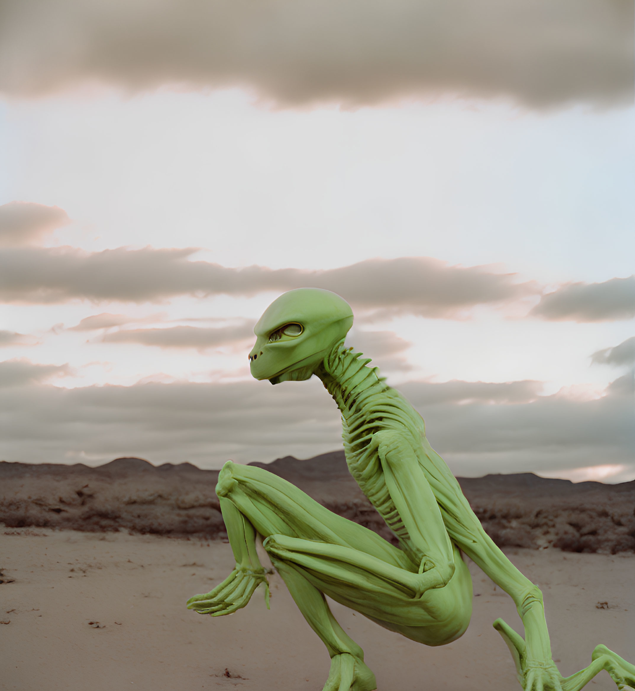 Green-skinned alien creature in desert landscape at dusk