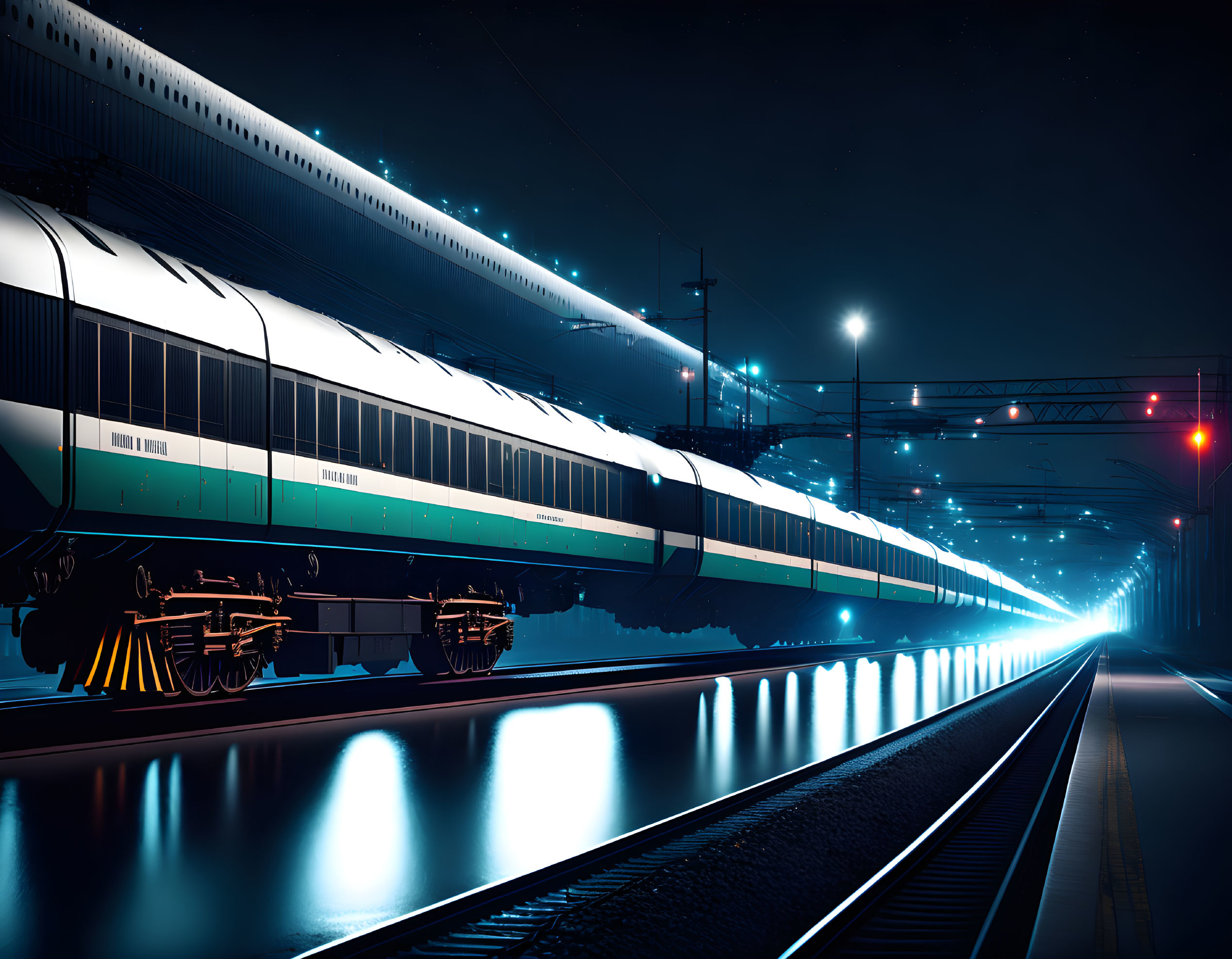 Futuristic glowing train speeds on track at night