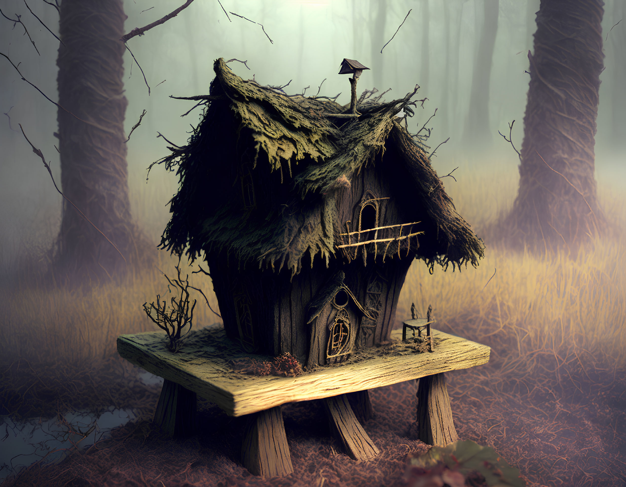 Miniature wooden house on stilts in misty forest with bird and tiny details