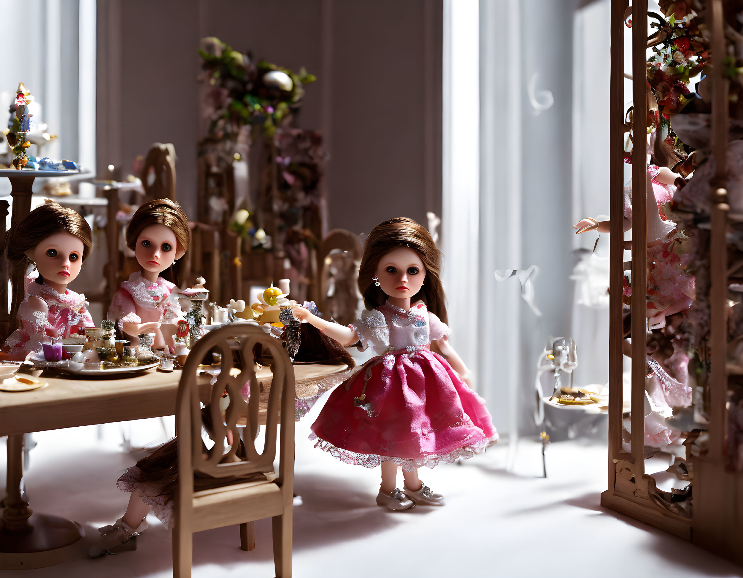 Miniature Tea Party Setting with Three Dolls and Tiny Dishes