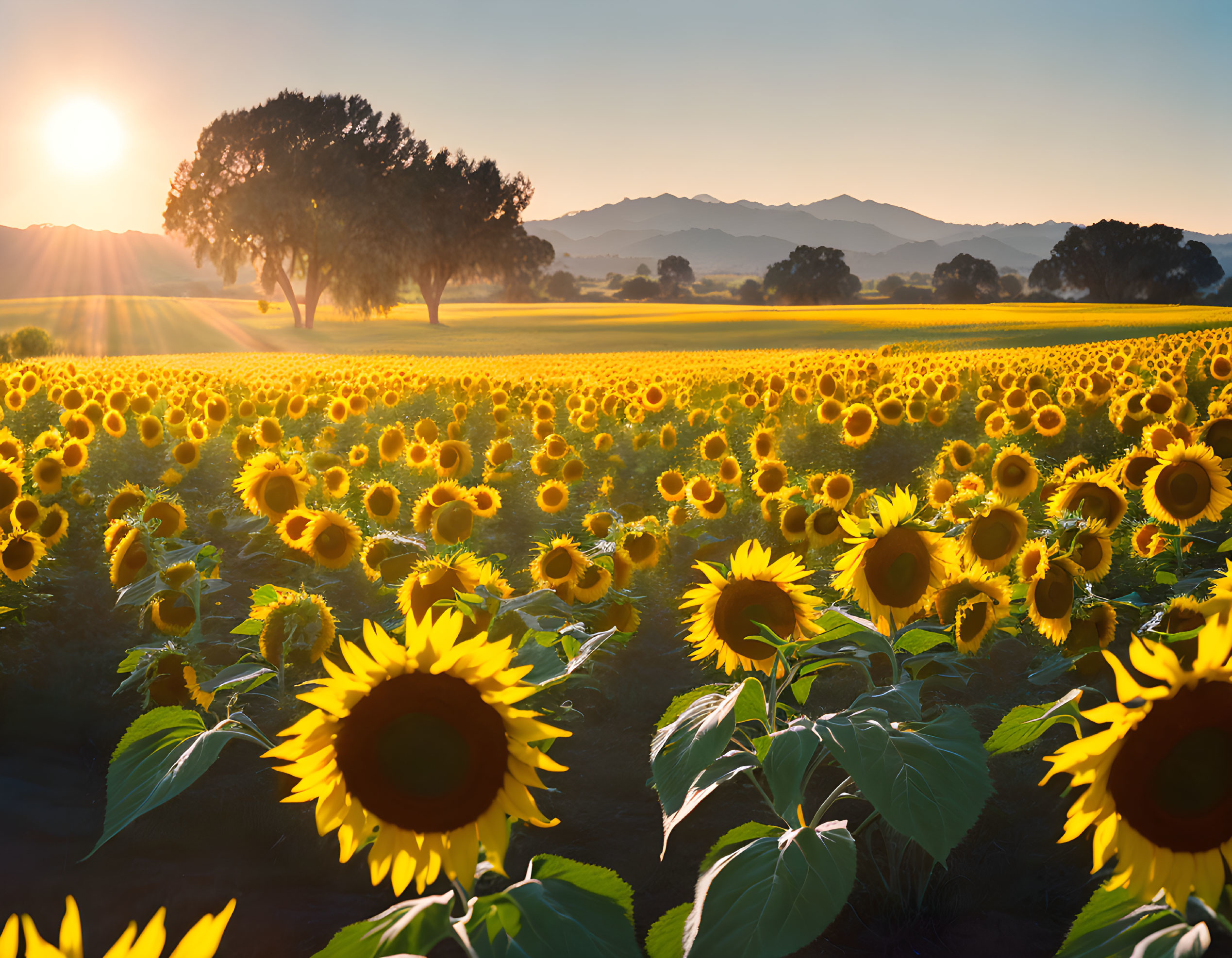 Scenic sunrise view of sunflower field with trees and mountains