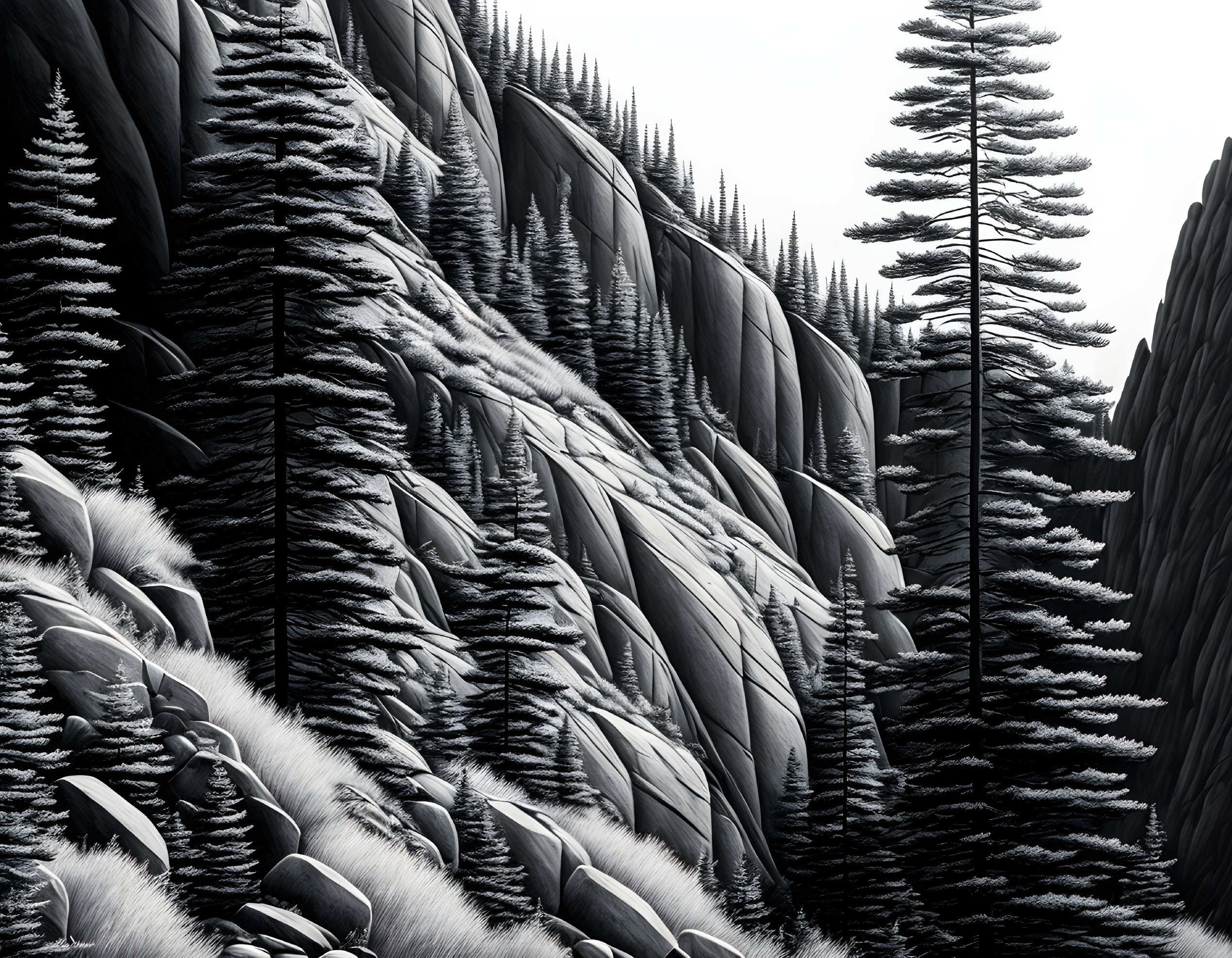 Snow-covered pine trees on steep mountainside with tall tree.