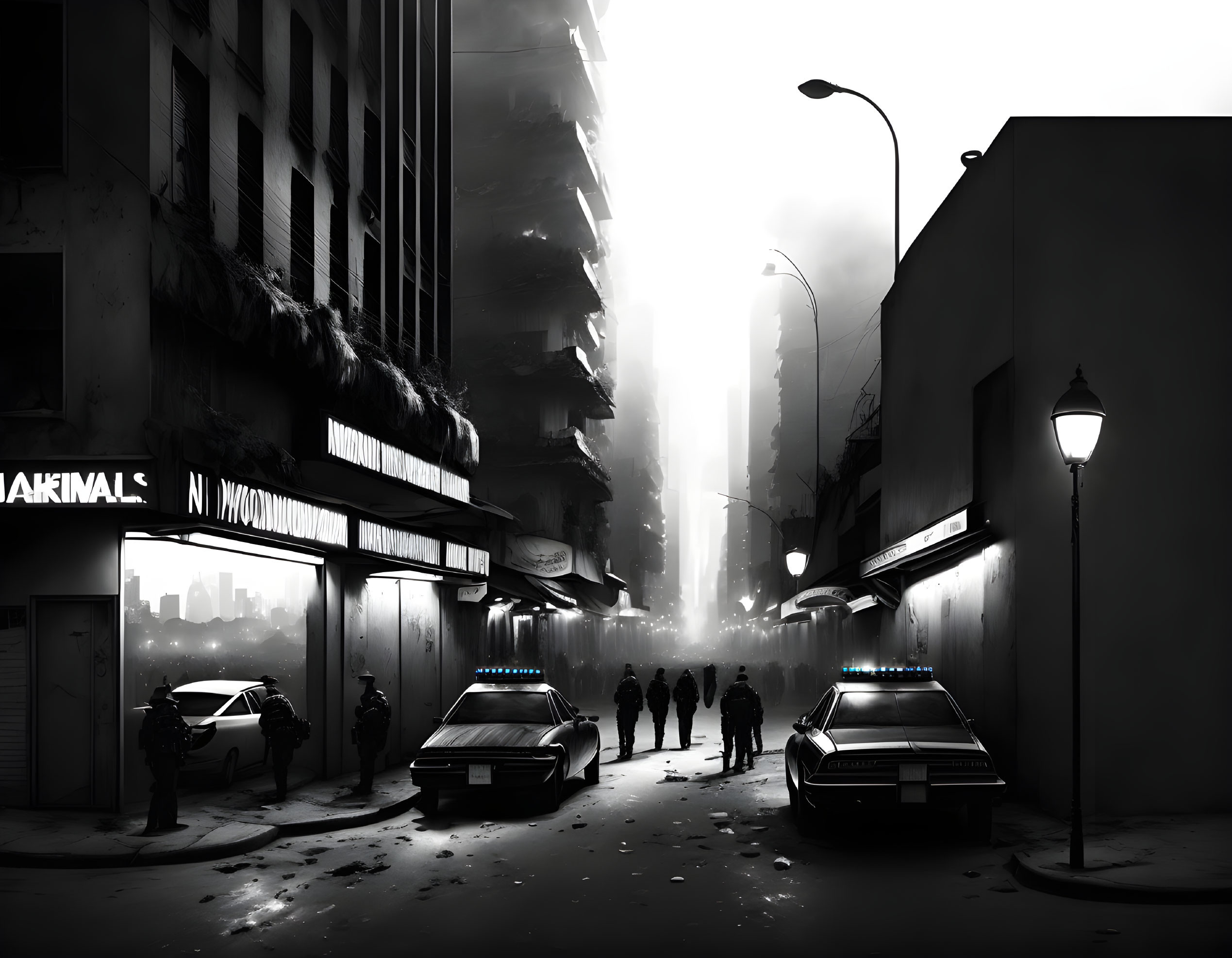 Monochrome street scene with silhouetted figures, vintage cars, neon signs, and streetlights