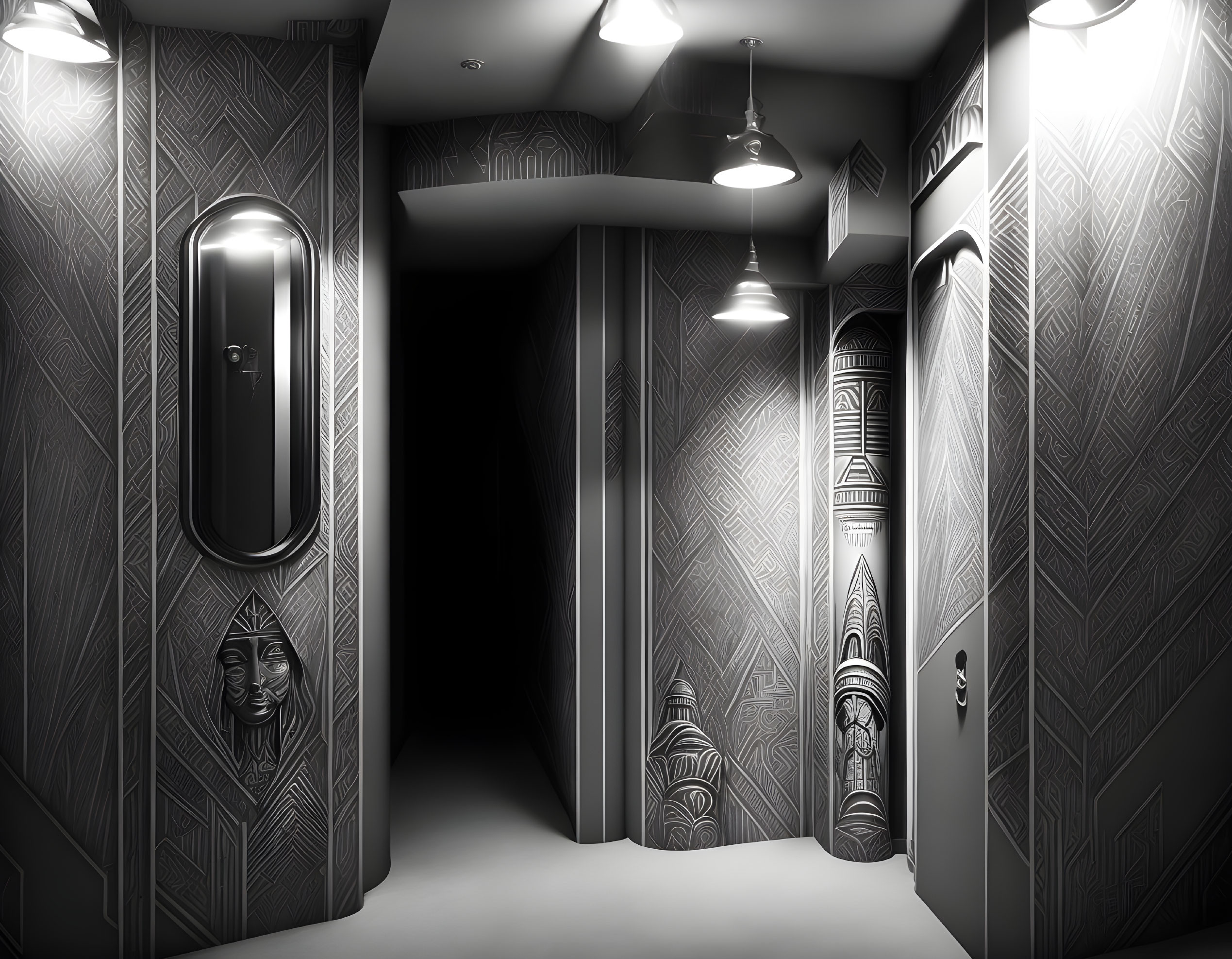 Monochrome hallway with Egyptian hieroglyphic patterns and sarcophagus designs