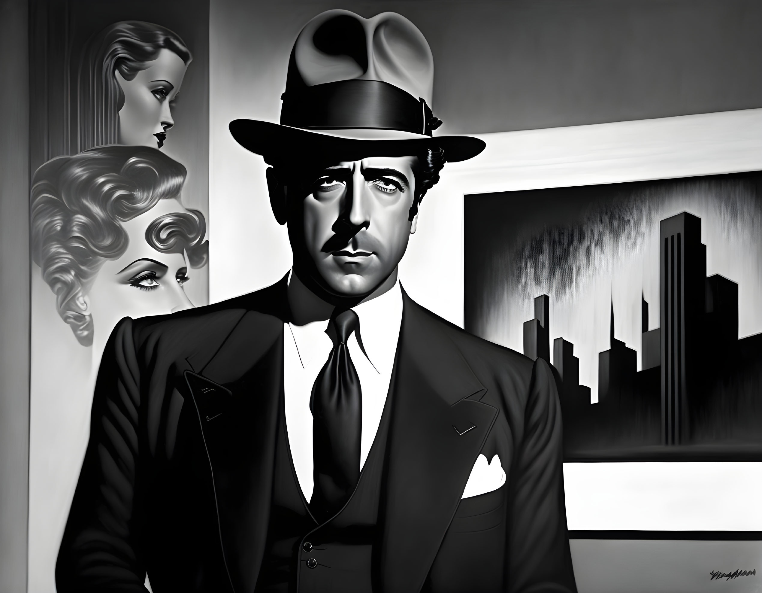 Monochromatic artwork of man in fedora and suit with women's faces against urban skyline