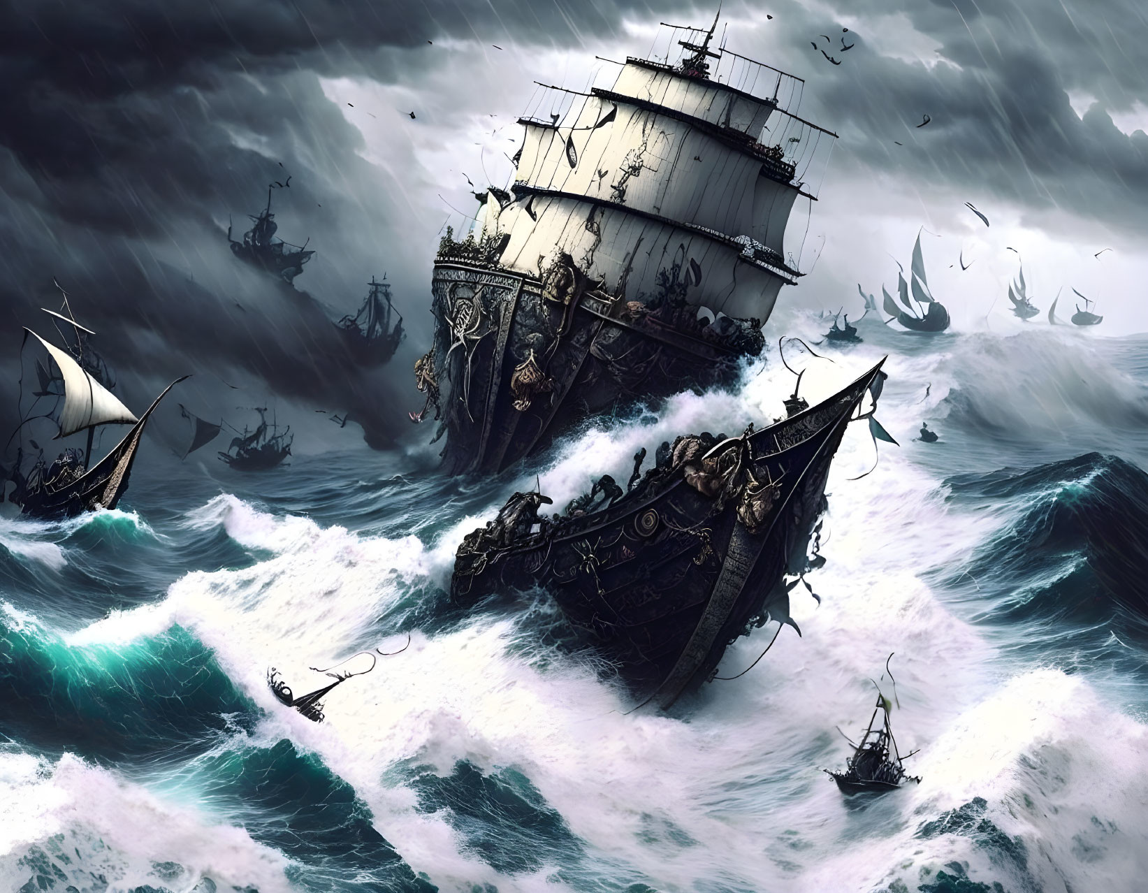 Stormy Seas: Ships in Battle Amid Dark Skies and Birds in Flight