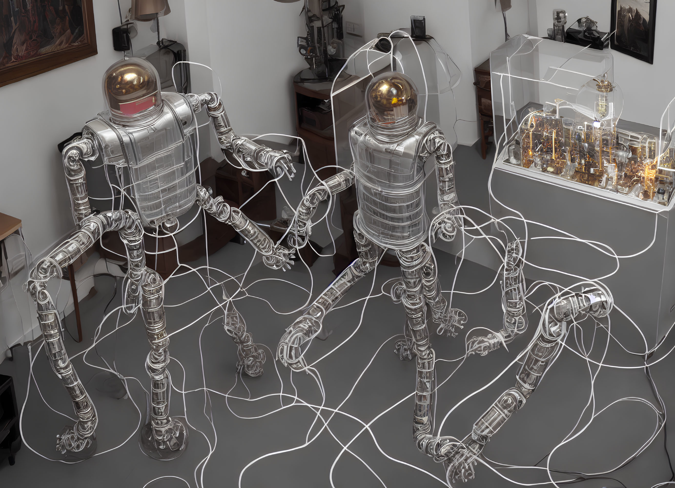 Transparent humanoid robots connected by tangled wires on gallery floor