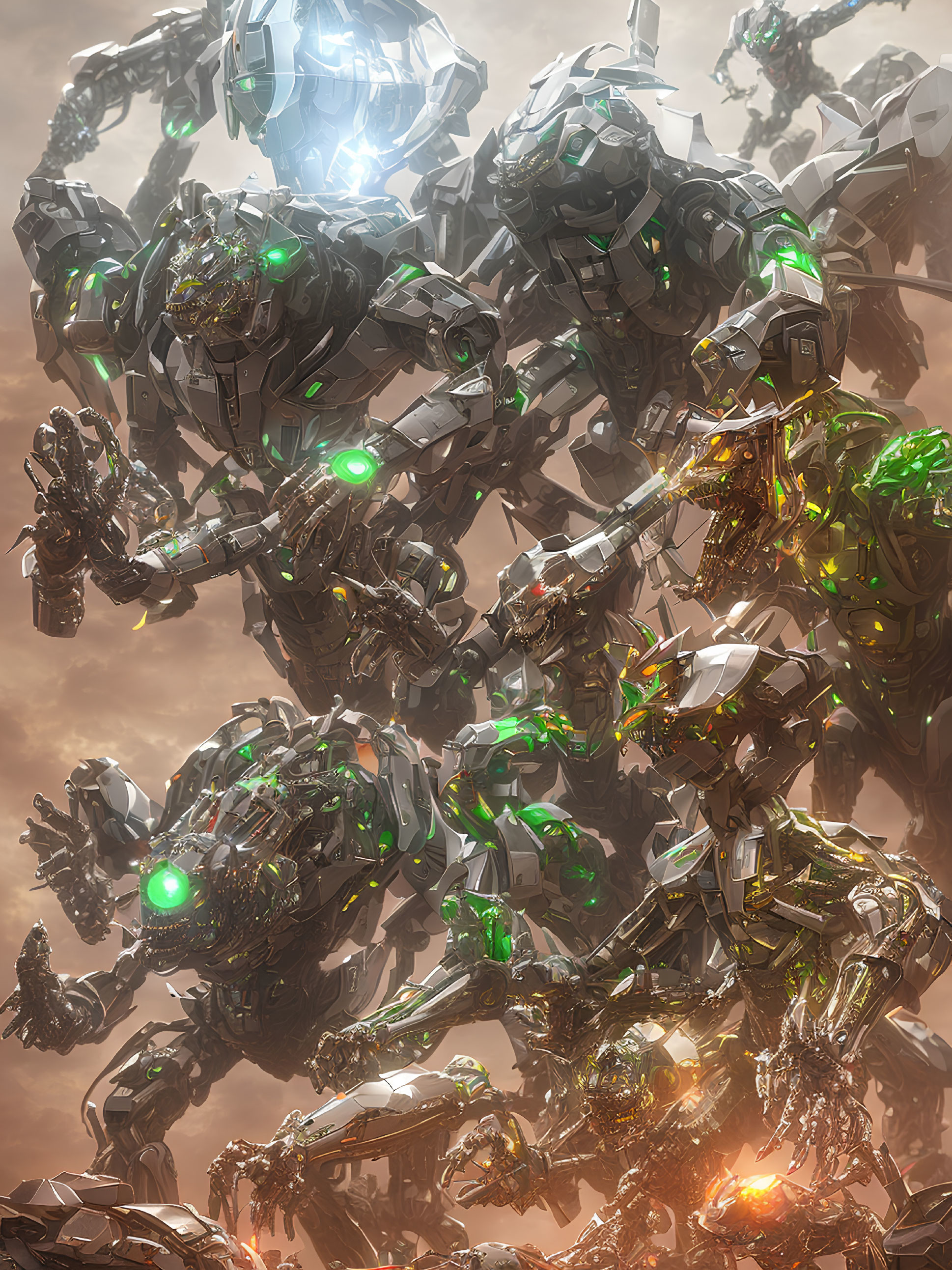 Intricate towering robots with green glowing details in atmospheric setting