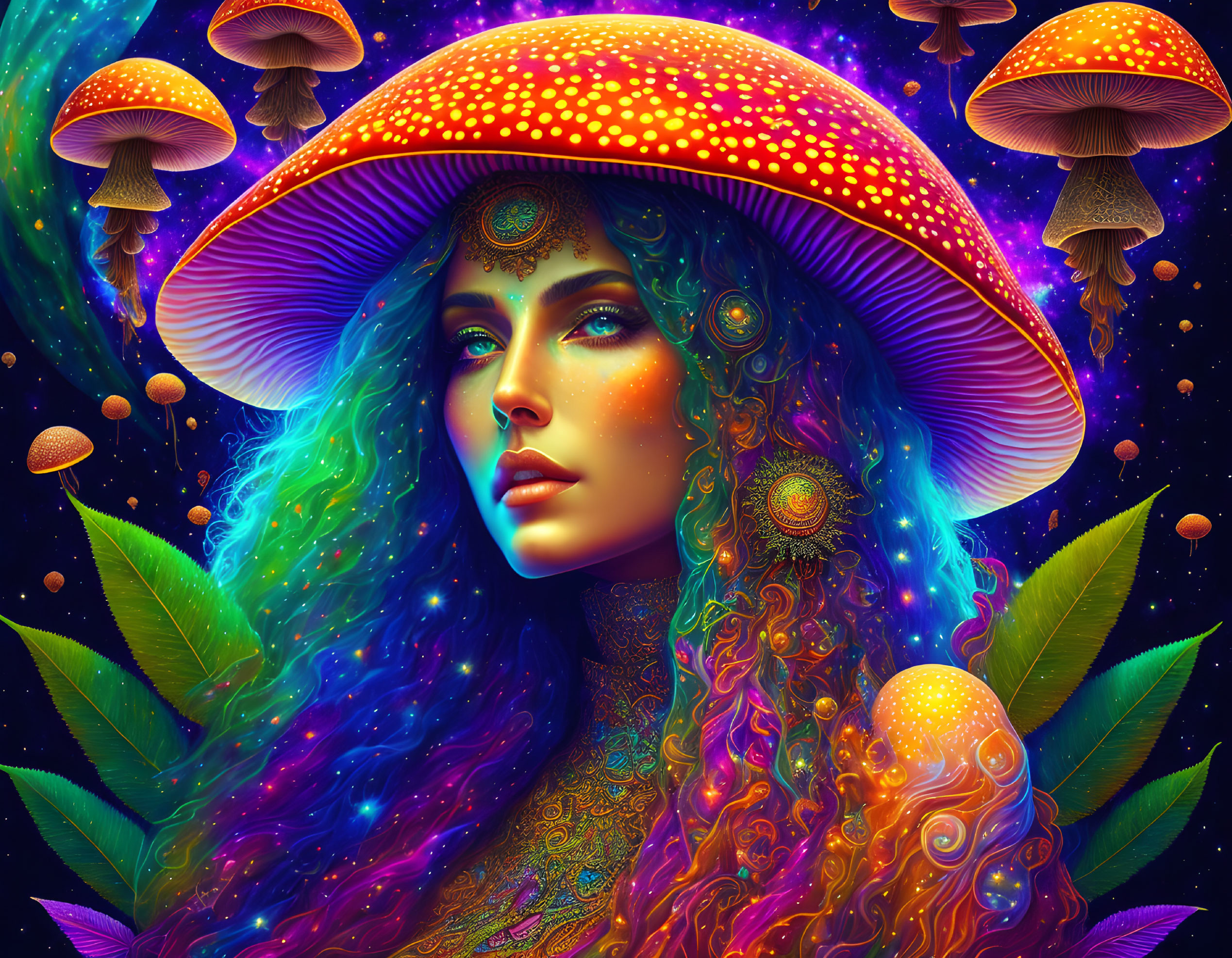 Colorful Woman Illustration with Psychedelic Mushroom Cap and Cosmic Flora Background