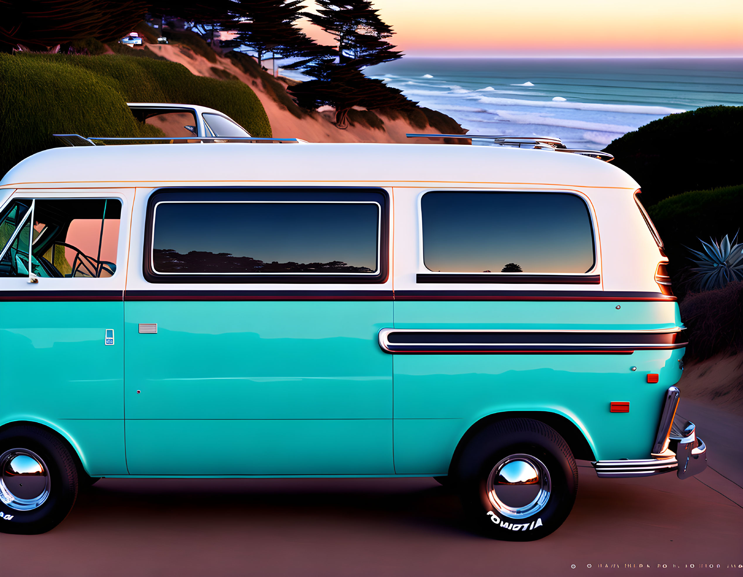 Vintage Turquoise and White Van by Beachside Road at Sunset