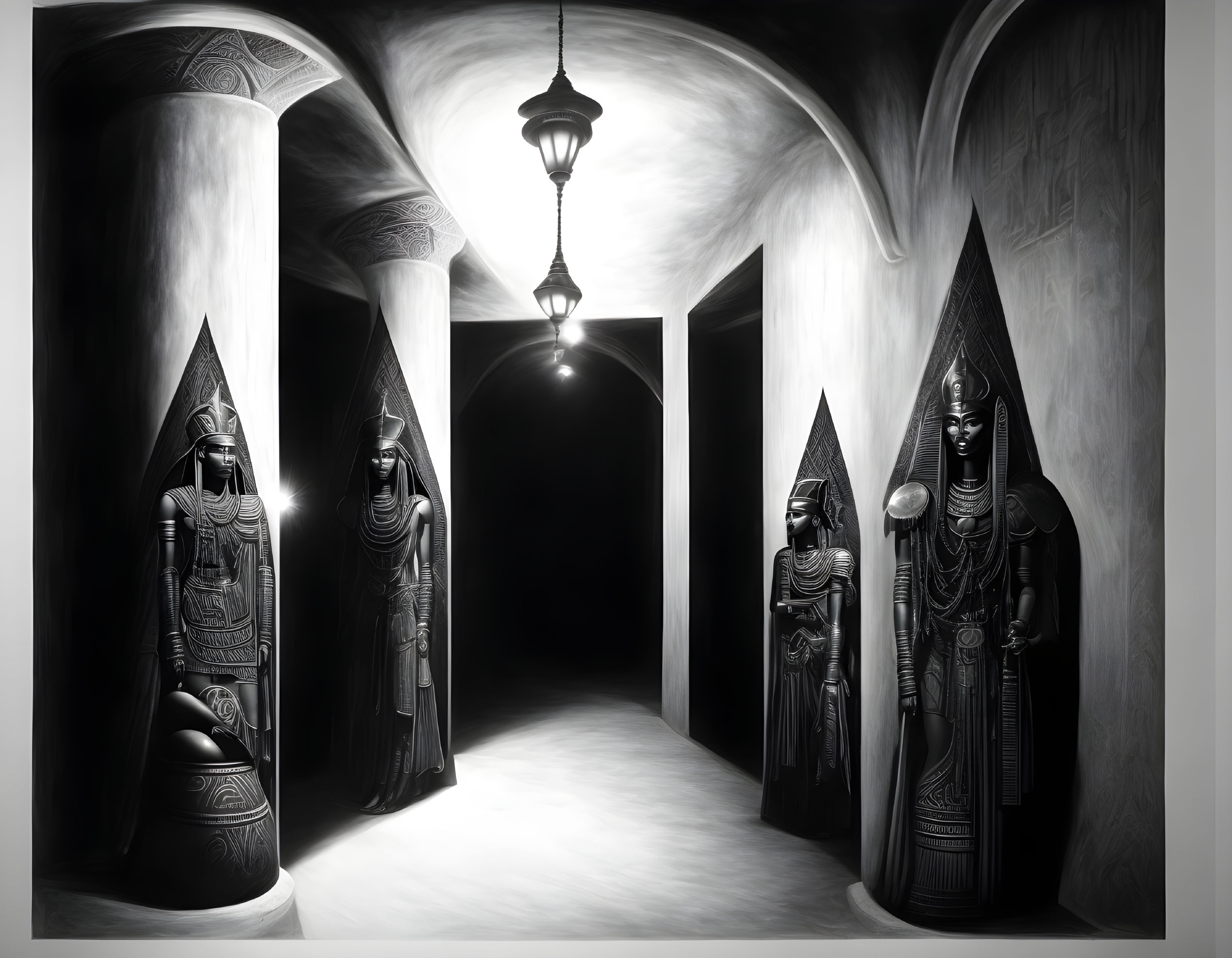 Monochrome corridor with Egyptian-style statues and hanging lantern