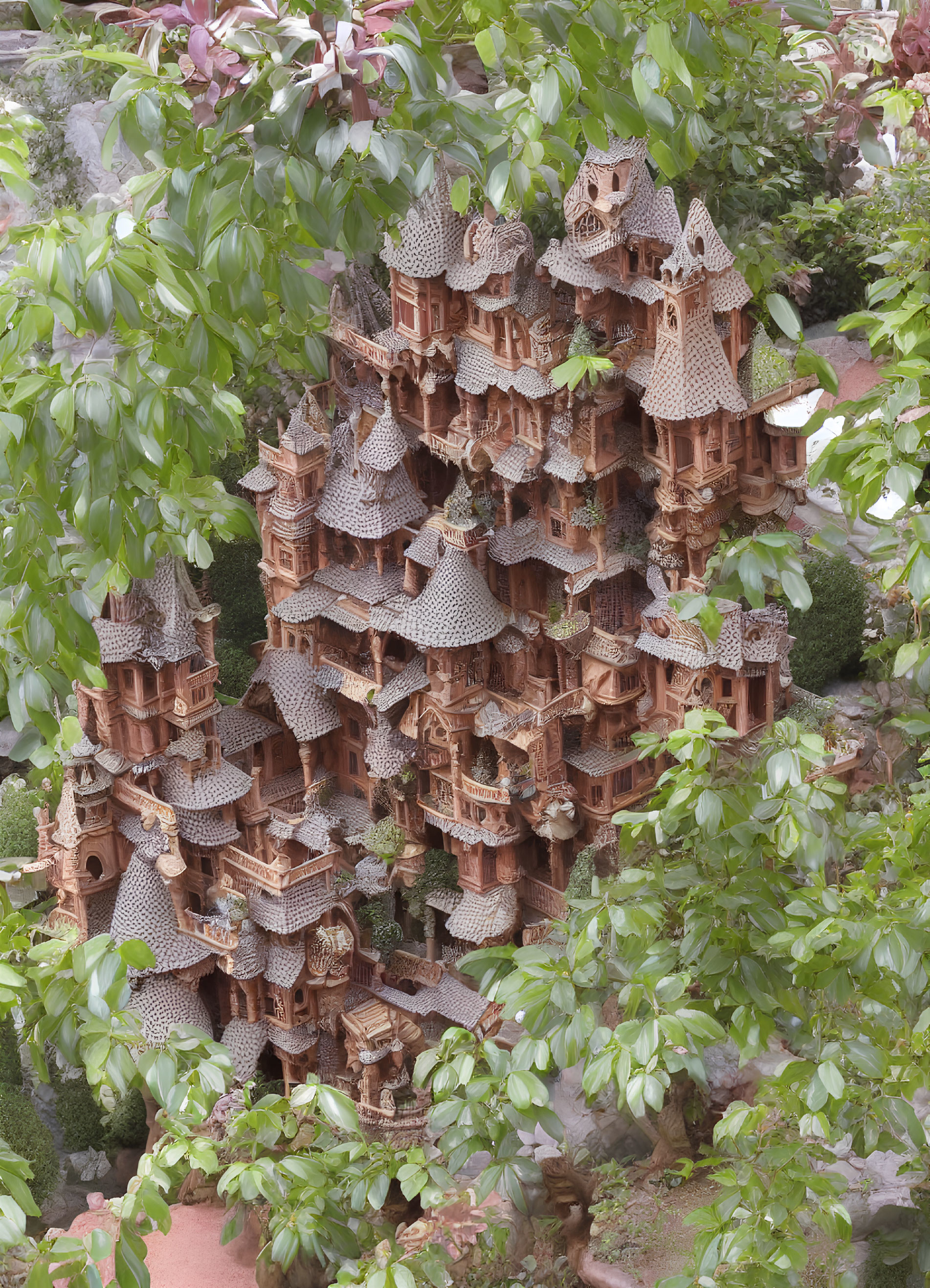 Miniature wooden pagoda structure with balconies and lush green foliage