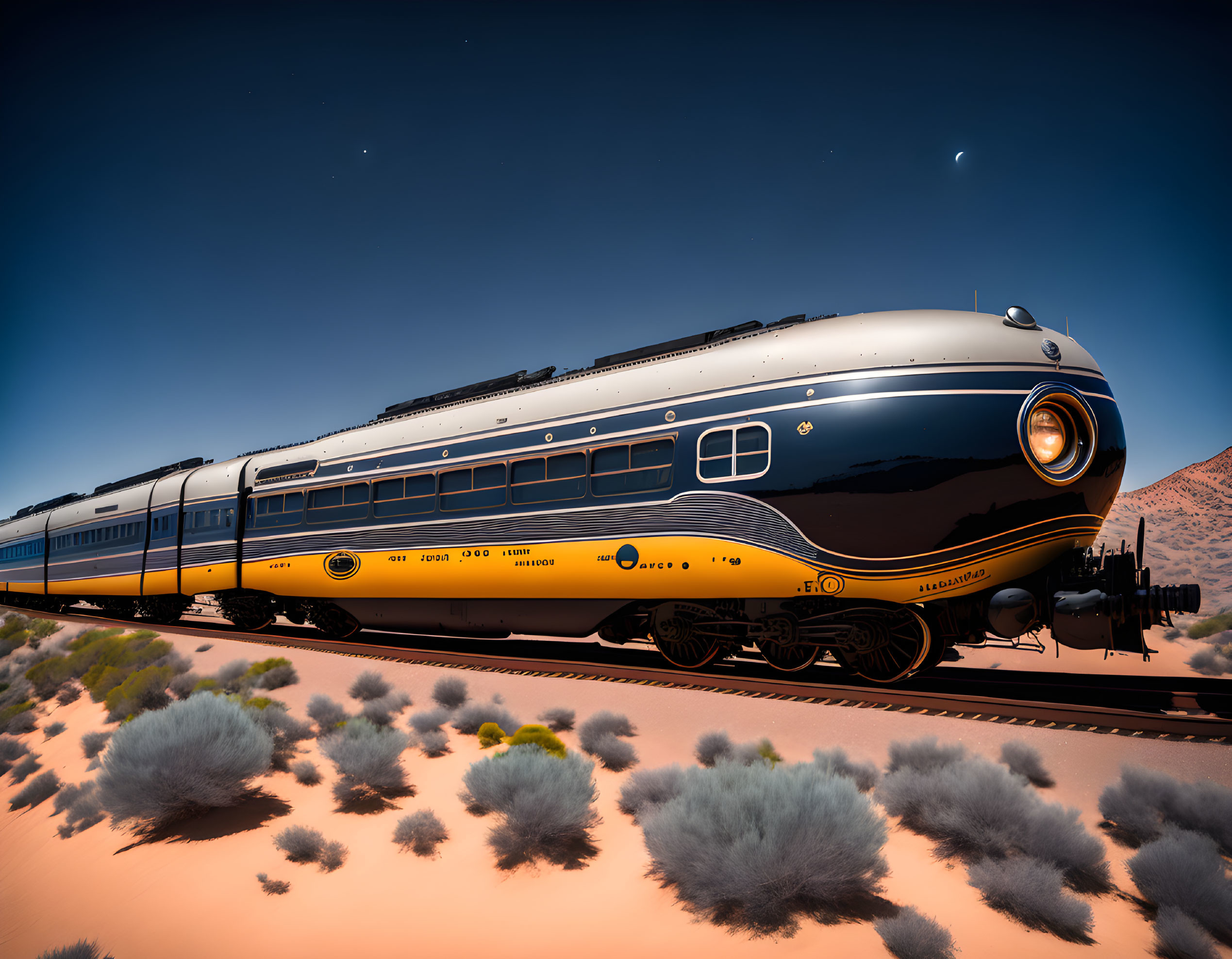 Streamlined vintage locomotive in desert twilight with stars and crescent moon.