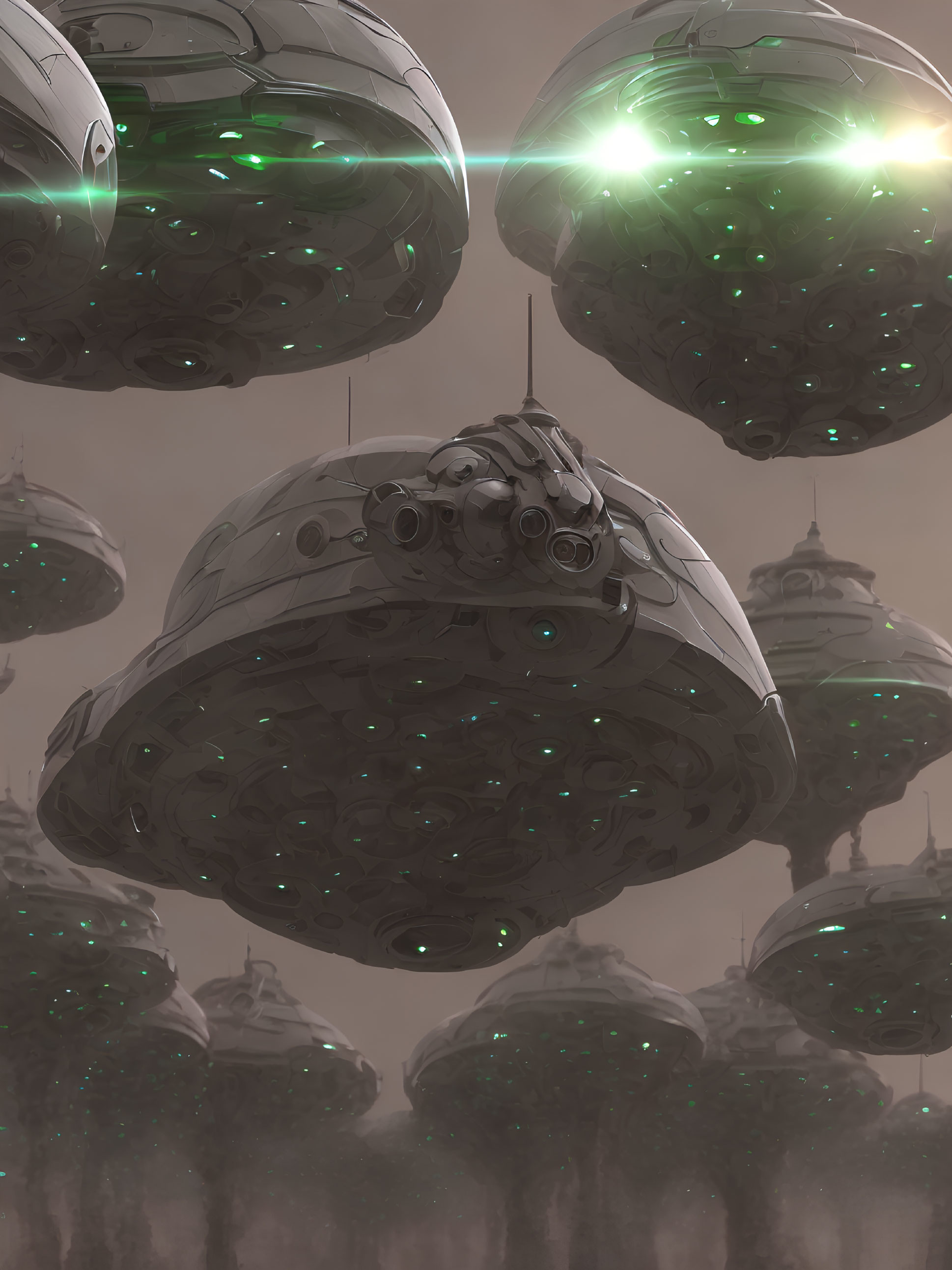 Futuristic spaceships with green underlights hover over cityscape