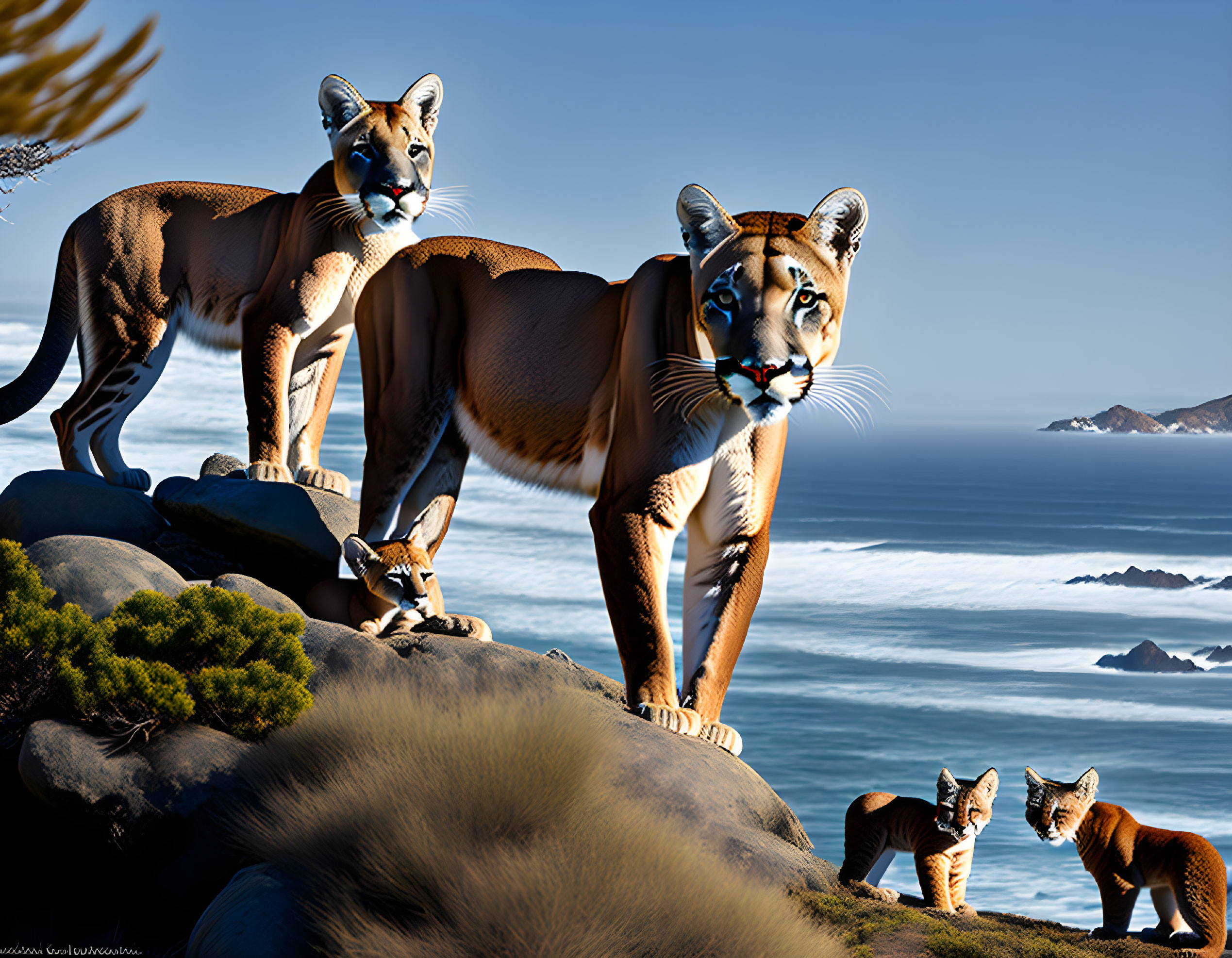 Majestic cougars and cubs on rocky outcrops by the sea