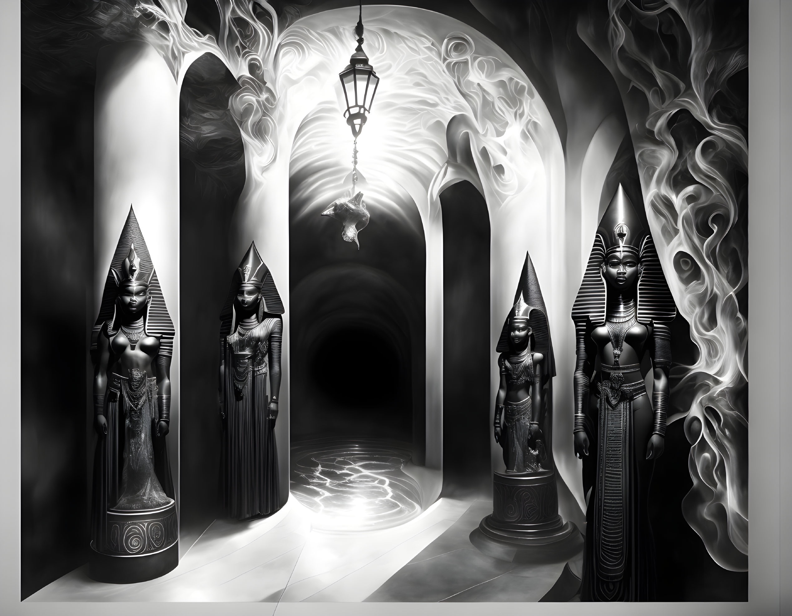 Monochrome art: Eerie corridor with Egyptian sarcophagus statues, floating figure, lantern