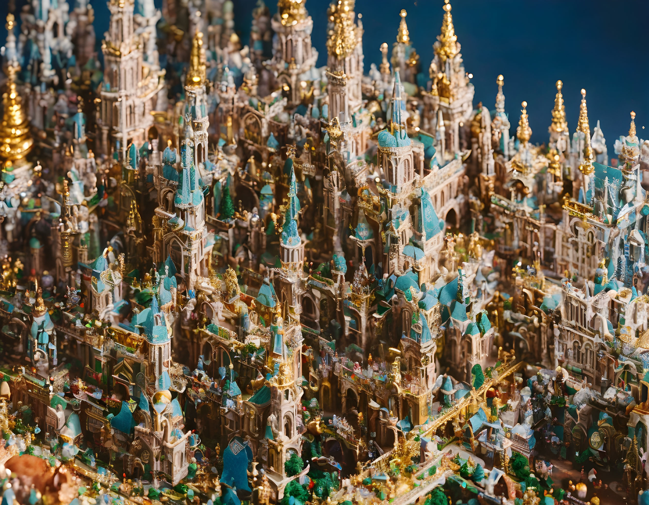 Intricate miniature cityscape with Gothic-style architecture and blue-gold color scheme