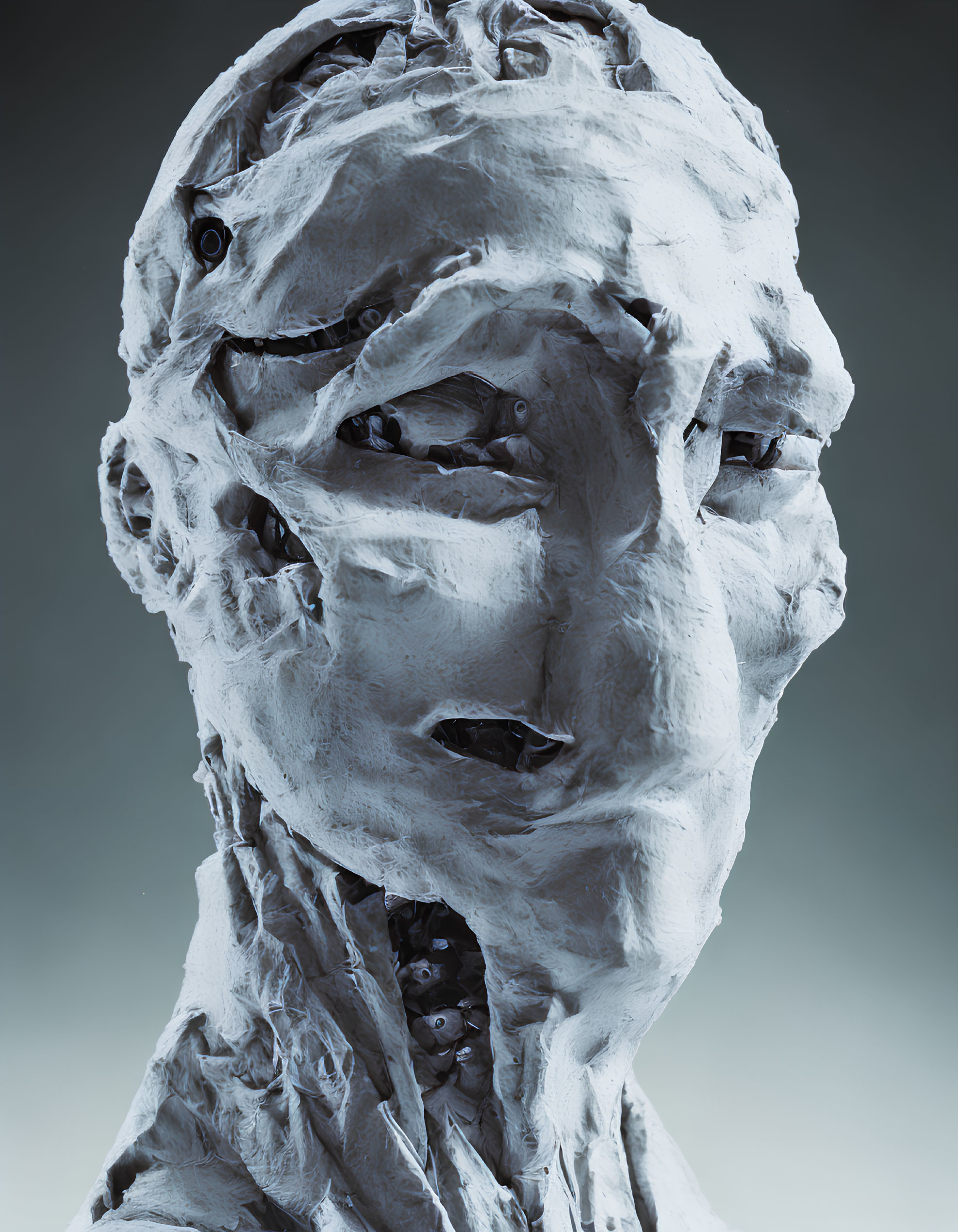 Distorted human face sculpture with multiple eyes and mouths