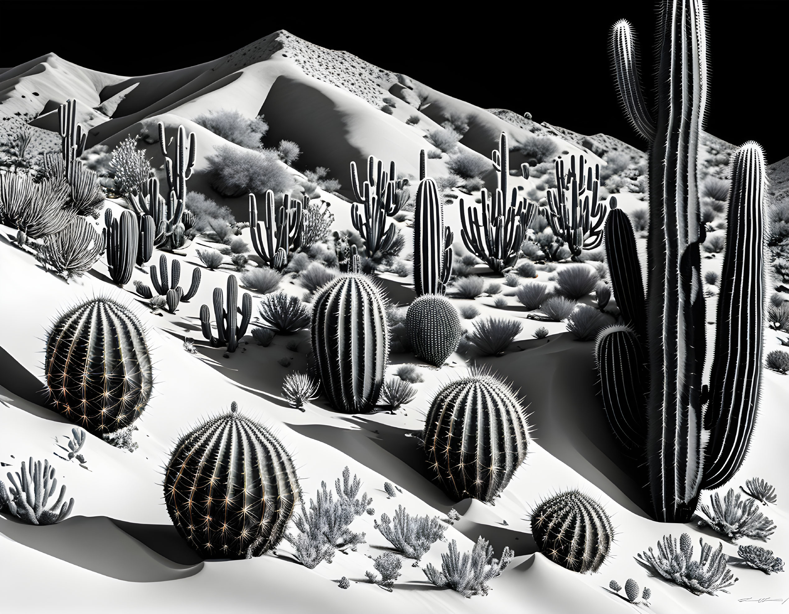 Monochrome desert landscape with cacti and spherical objects mimicking barrel cacti